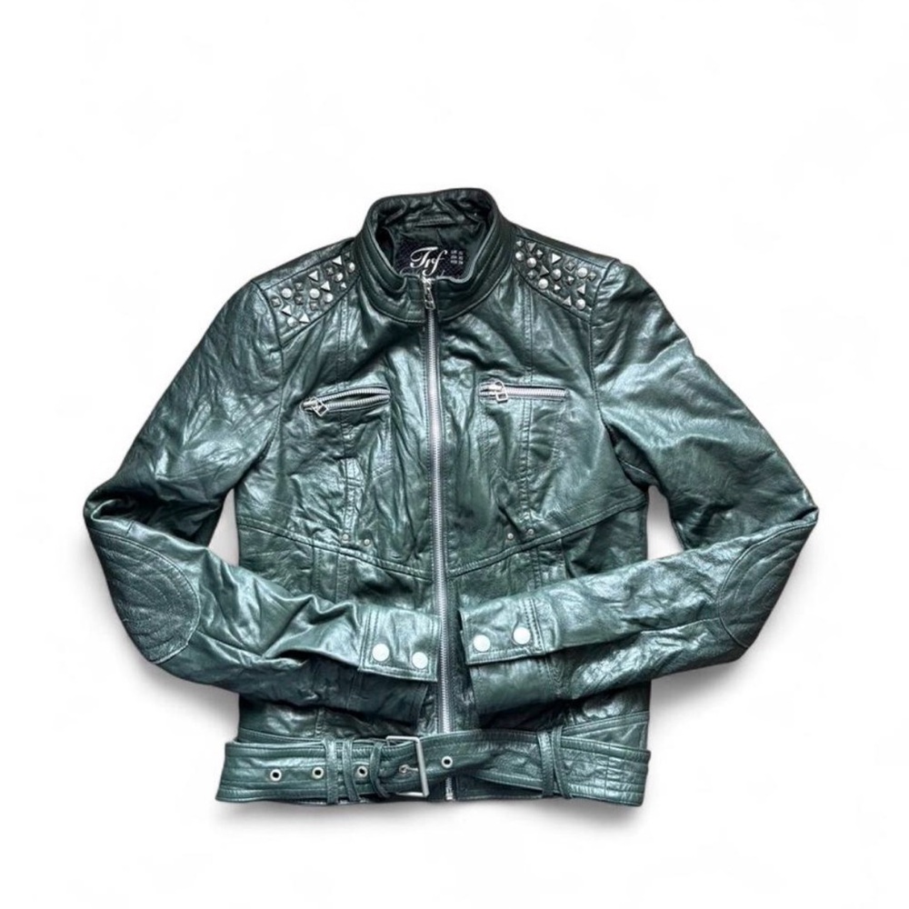 Studded Dark Green Leather Moto Jacket